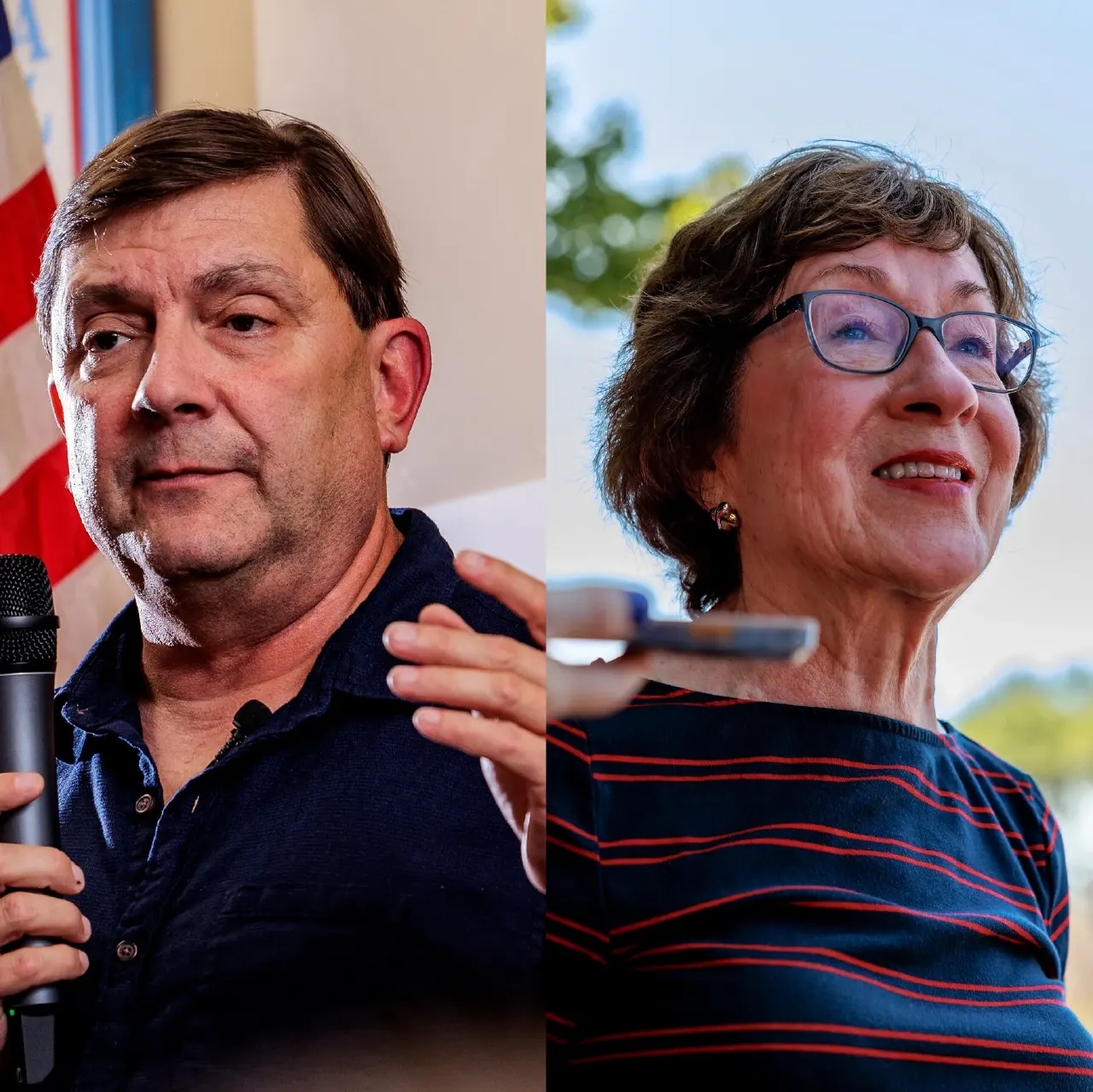 Split image: man in navy shirt holding microphone beside woman in striped top, glasses, outdoors.