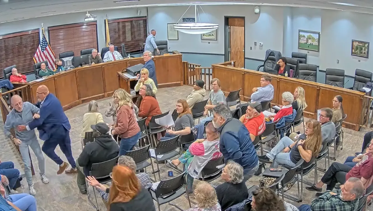 Man in blue suit advancing on another man at a public meeting while people watch from seats.