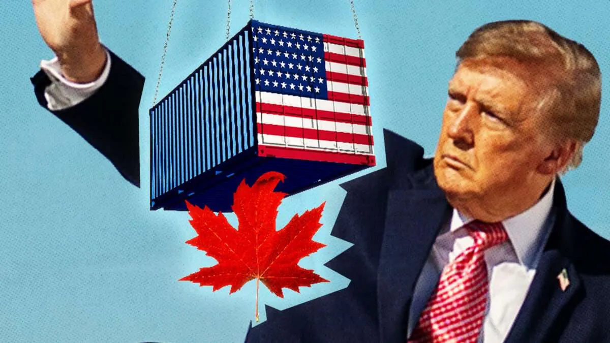 Cutout man in suit beside hanging shipping container with American flag over red Canadian maple leaf