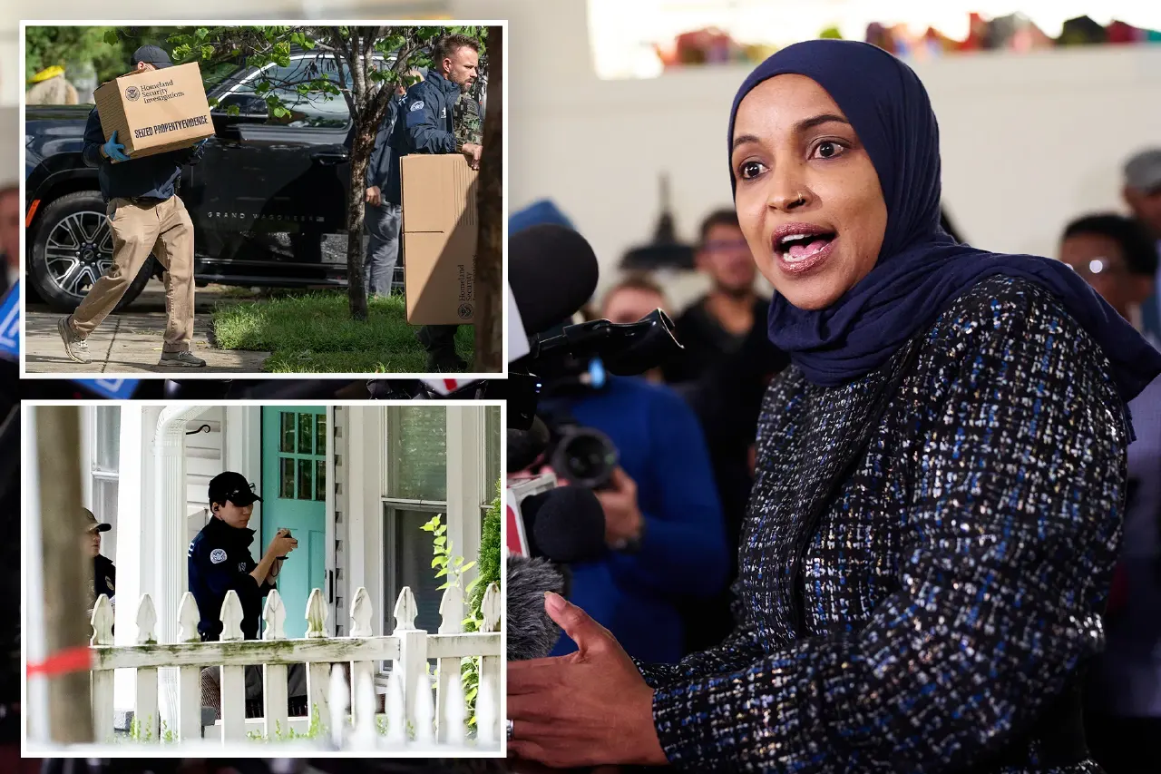 Split composite: men carrying boxes labeled federal evidence, police at a house door, and a woman speaking to reporters.