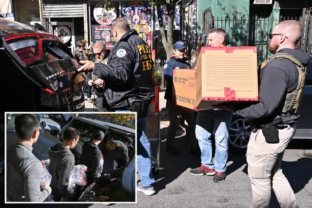 Agents in Homeland Security jackets carry evidence boxes and search cars outside a storefront, with an inset of people loading bags.