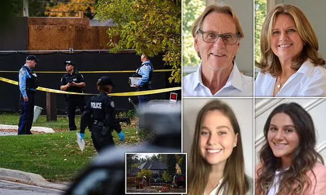 Police officers at crime scene with yellow tape, plus four family portrait headshots and house inset.