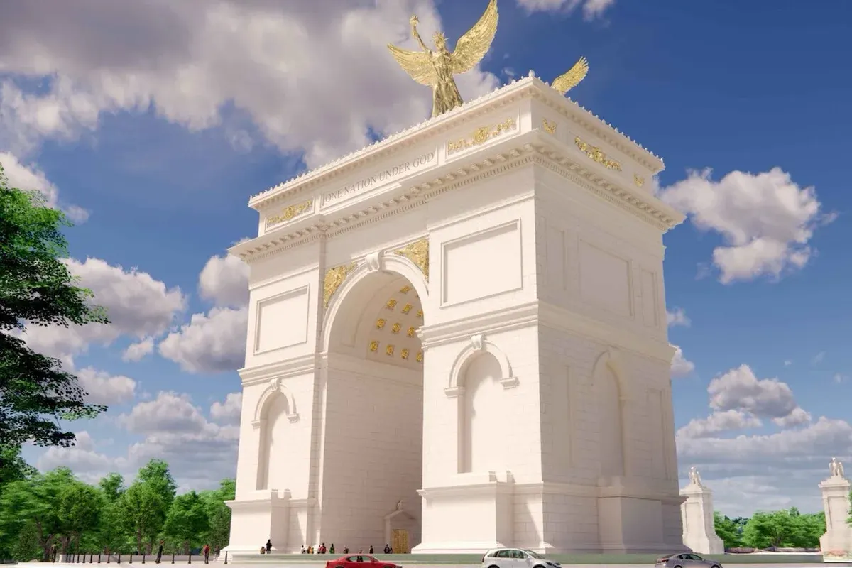 Computer rendering of a white triumphal arch with gold statue atop, cars passing below