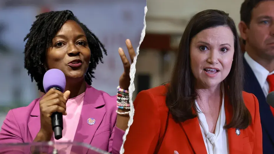 Split-screen of two women speaking at events, one at a microphone in pink, one in red.