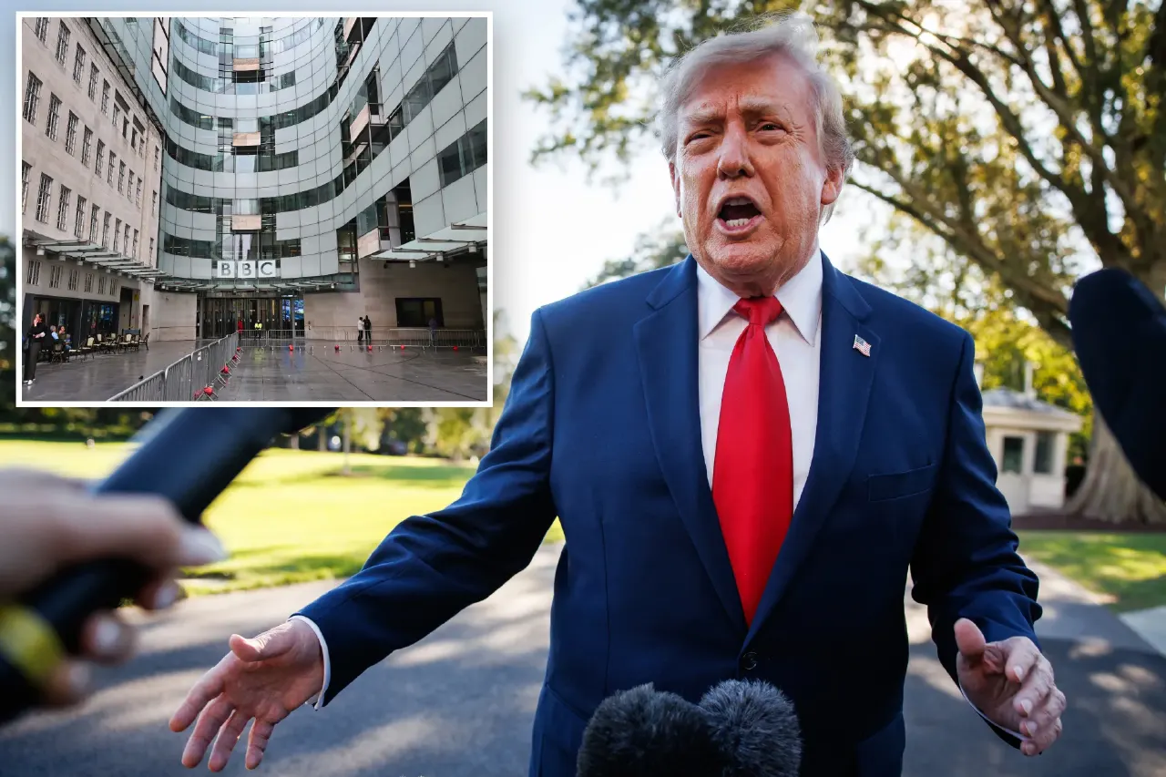 Man in dark suit speaking to reporters outdoors; inset shows BBC building facade.