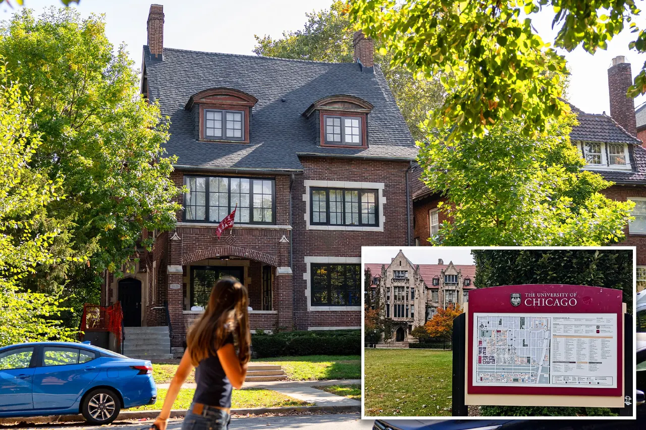 Brick fraternity house on a tree-lined street, with inset of University of Chicago campus sign and building