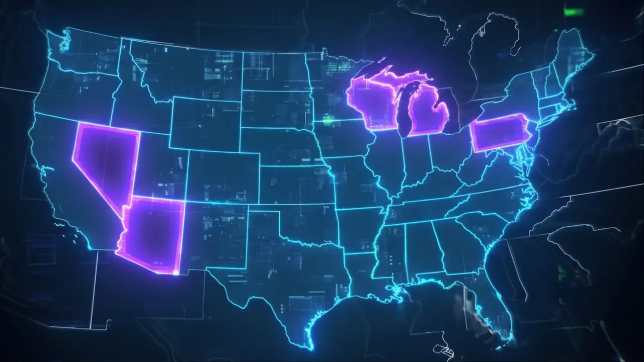 Glowing blue map of the United States with Nevada, Arizona, Wisconsin, Michigan and Pennsylvania highlighted in purple.