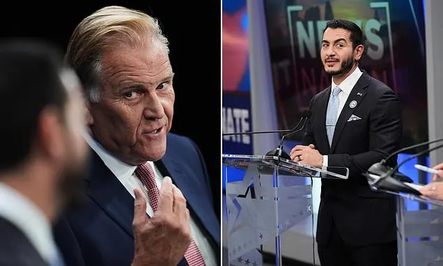 Split image of two men speaking at a debate, one at left and one at right podium.
