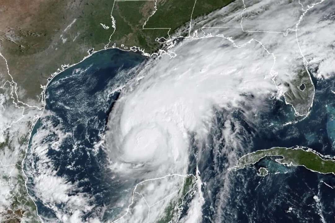 Satellite view of a hurricane with spiral cloud bands over the Gulf of Mexico near Florida.
