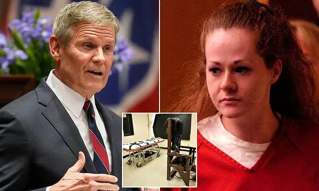 Split image: man in suit speaking at podium, woman in red top, and inset of execution chamber gurney and chair.