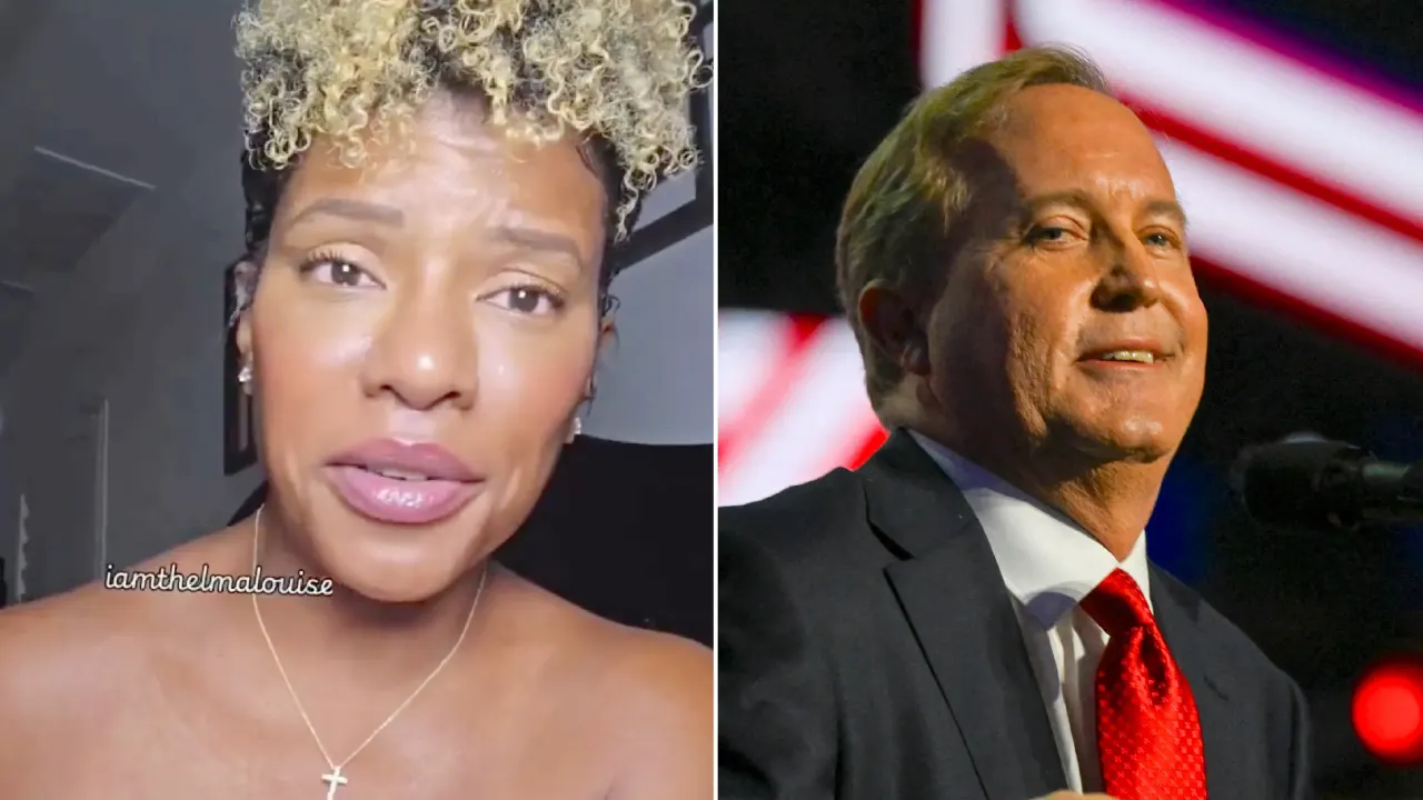 Split image: woman speaking into phone camera beside man in suit smiling at event with flag