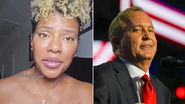Split image: woman speaking into phone camera beside man in suit smiling at event with flag
