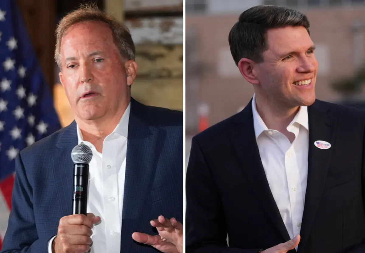 Split image: left man speaking into microphone before US flag; right man smiling in suit.
