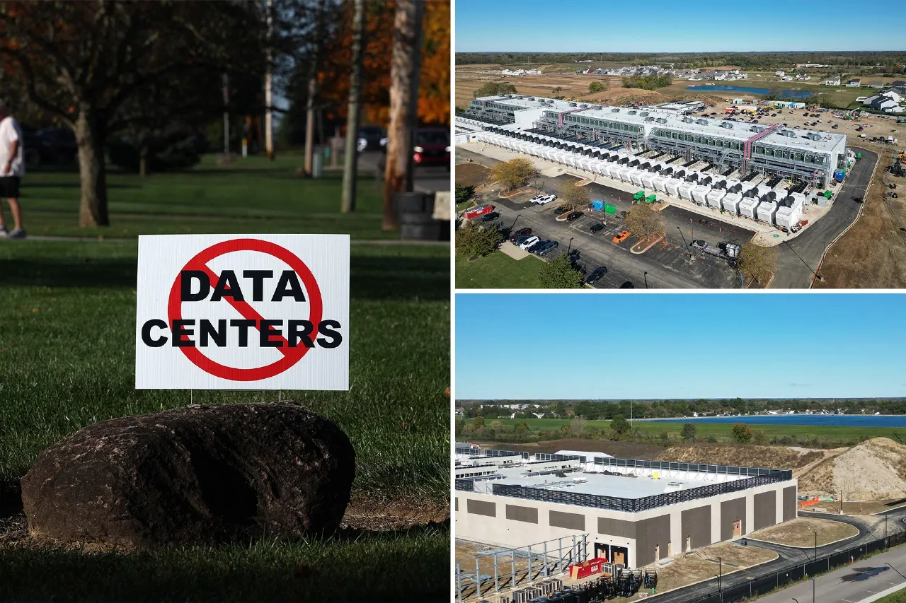 Split image: anti-data-center yard sign on grass, and aerial views of two large data center facilities.