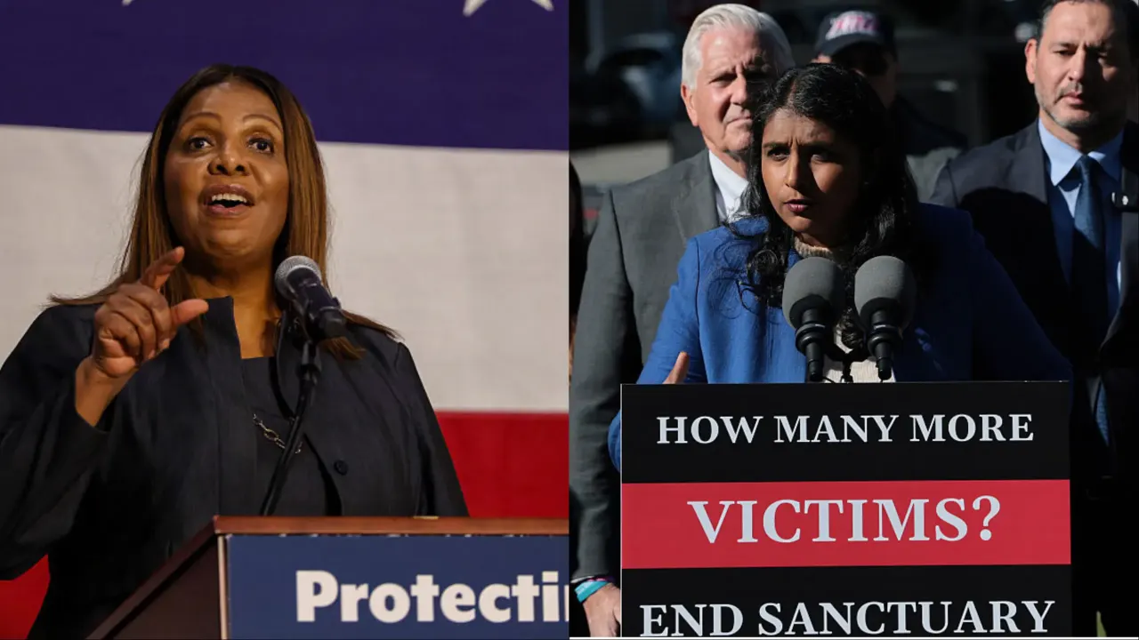 Split image: a woman speaking at a podium marked Protection; a woman at a rally sign reading How Many More Victims? End Sanctuary.
