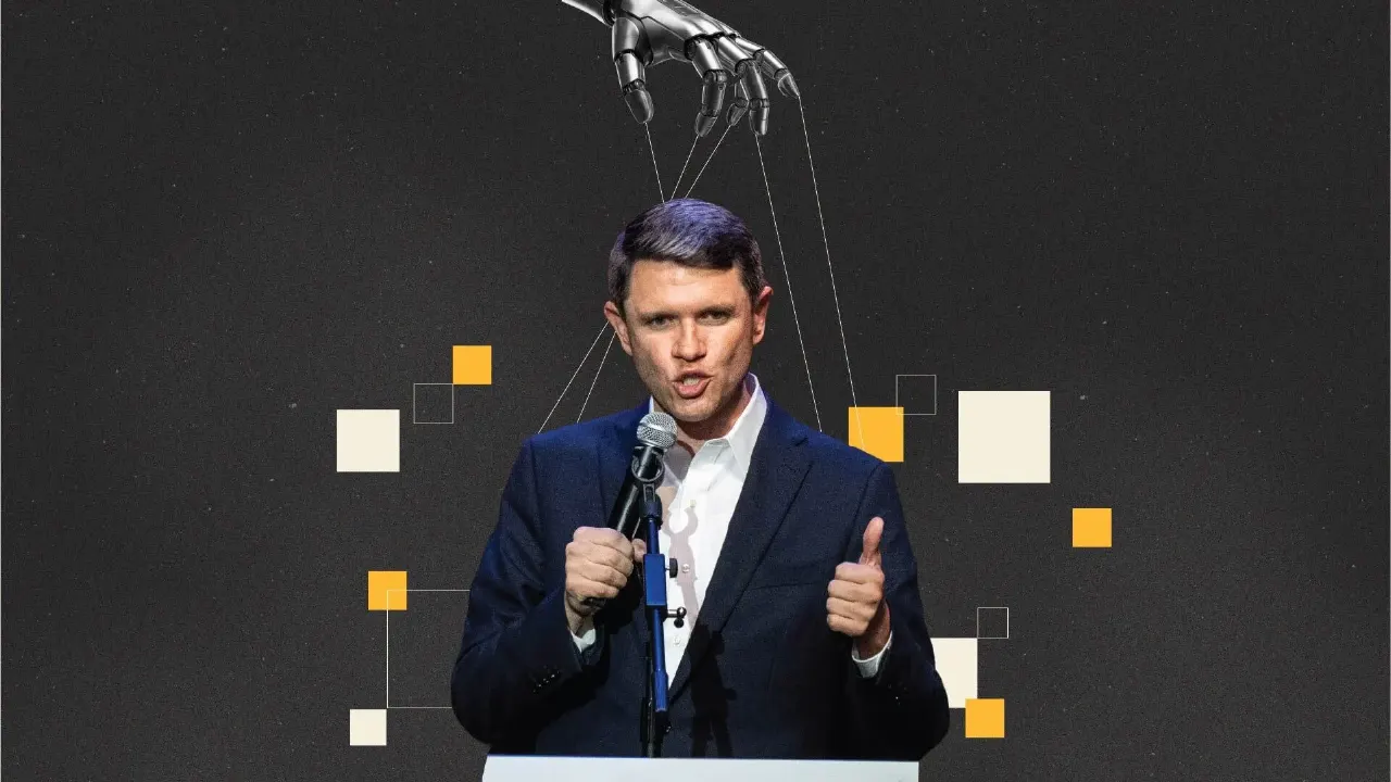 Man at podium with microphone, robotic hand puppeteering him by strings, geometric shapes.