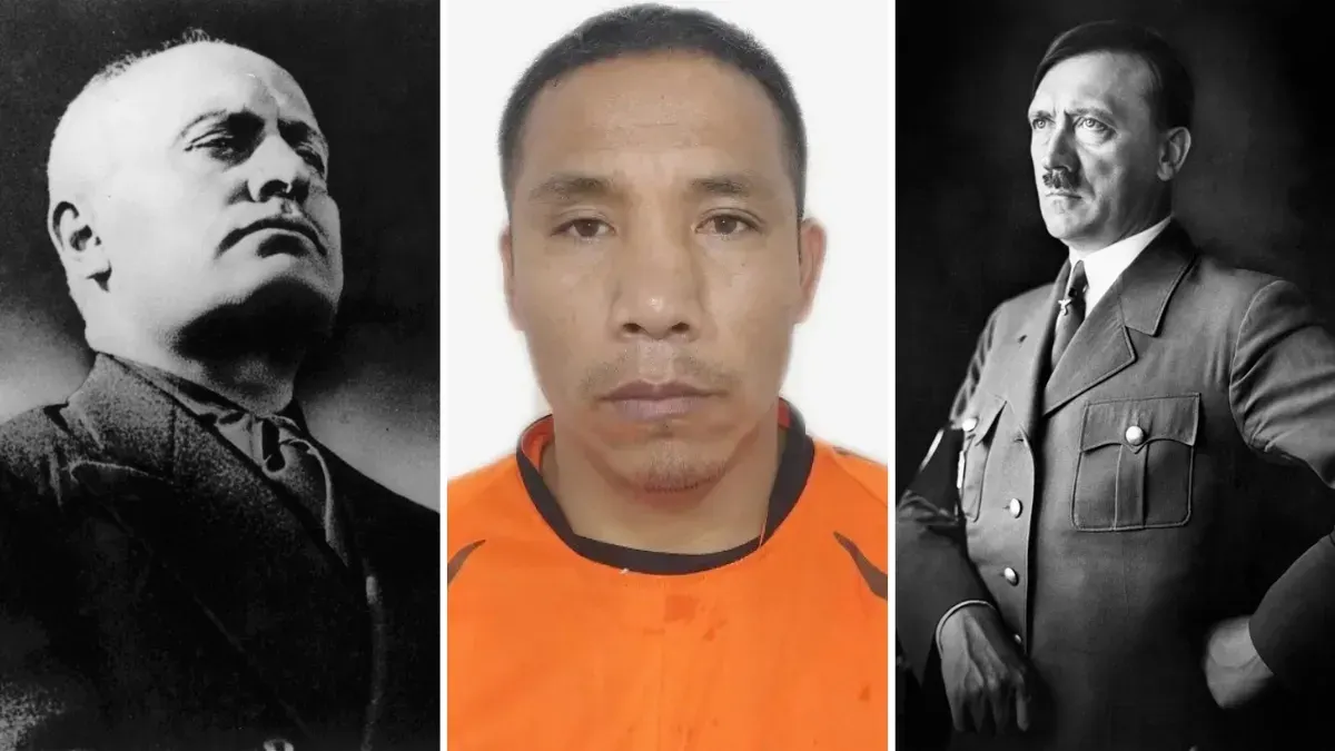 Three-panel collage of historical black-and-white portraits and a central man in orange shirt