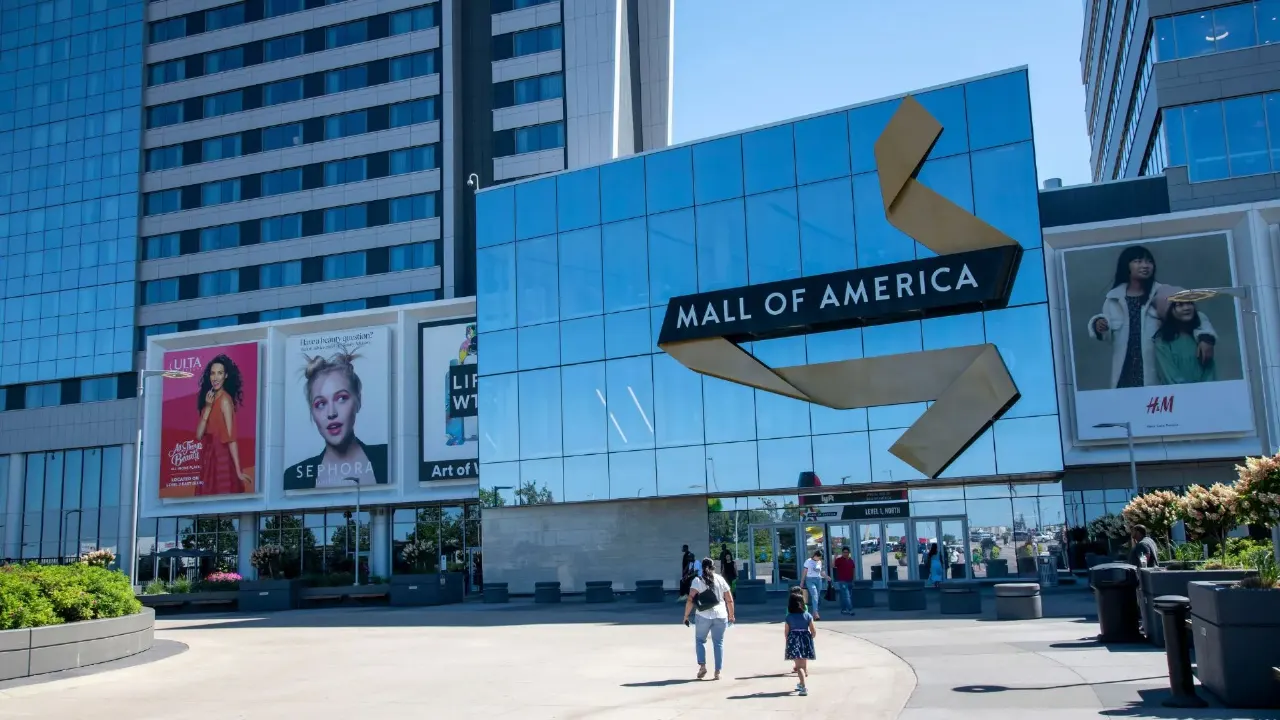 Exterior of Mall of America shopping center with distinctive signage and logo.