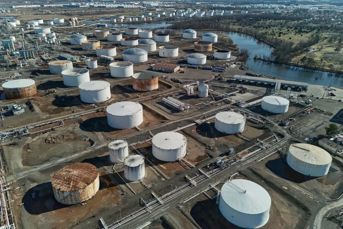 Aerial view of an oil storage tank farm with white and rust-coloured tanks beside a river.