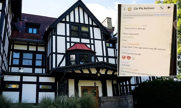 Half-timbered fraternity house beside a screenshot of group chat messages titled Chi Phi Actives.