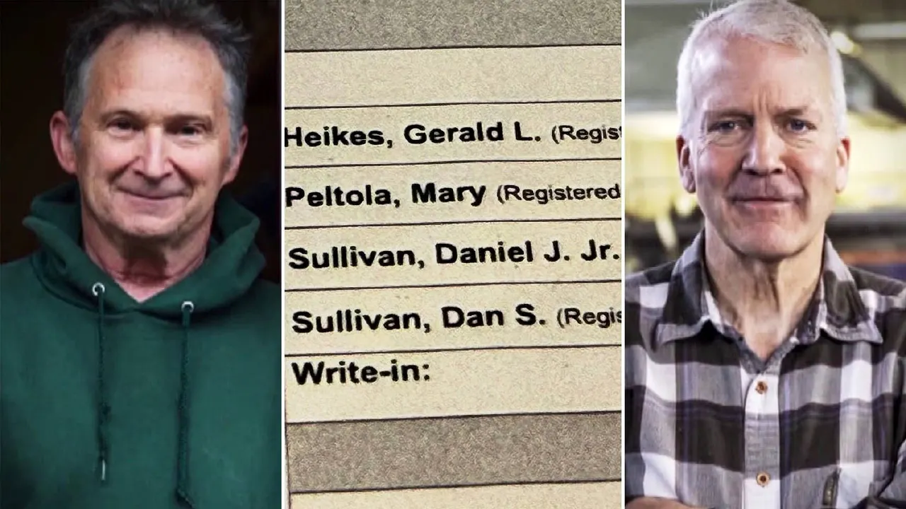 Split image: two smiling men beside a ballot write-in list showing similar candidate names.