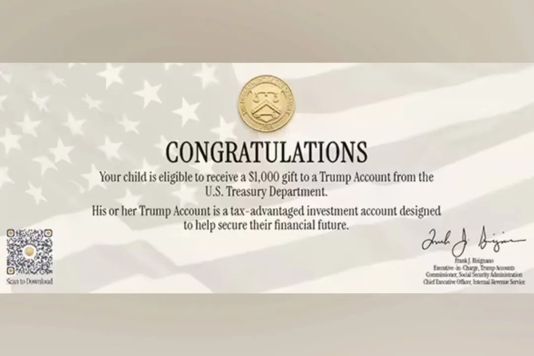 Congratulations card with Treasury seal, flag background, QR code, and Trump Account text.
