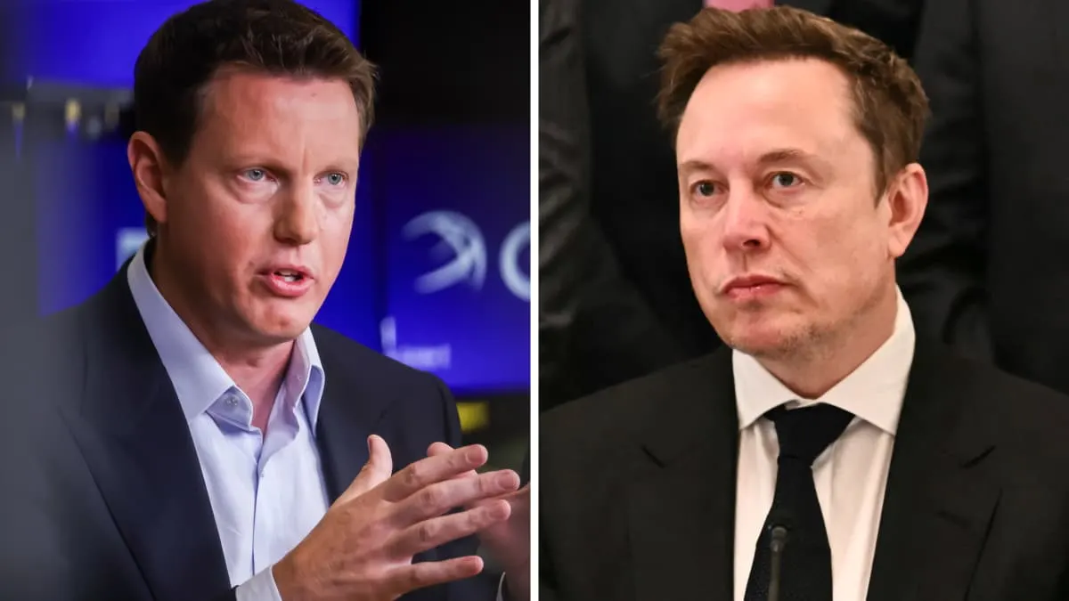 Split image of two men in suits, one gesturing while speaking before a blue backdrop.