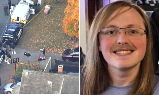 Split image: aerial view of police vehicles and crime scene beside a smiling woman with glasses