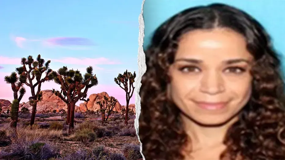 Split image: Joshua Trees in desert landscape beside a close-up portrait of a smiling woman with curly hair.