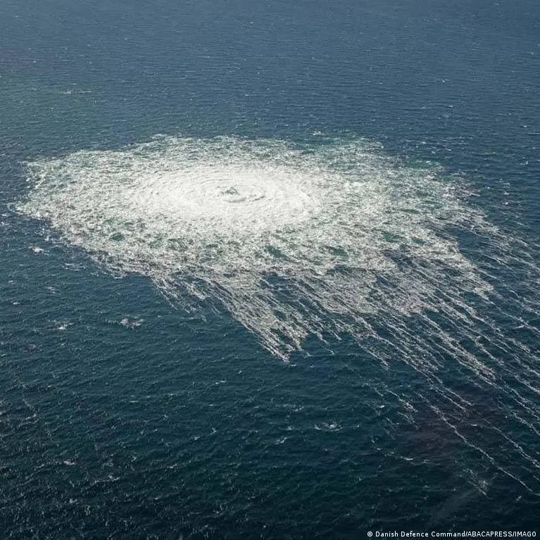 Aerial view of gas bubbling and foaming on the sea surface from a pipeline leak.