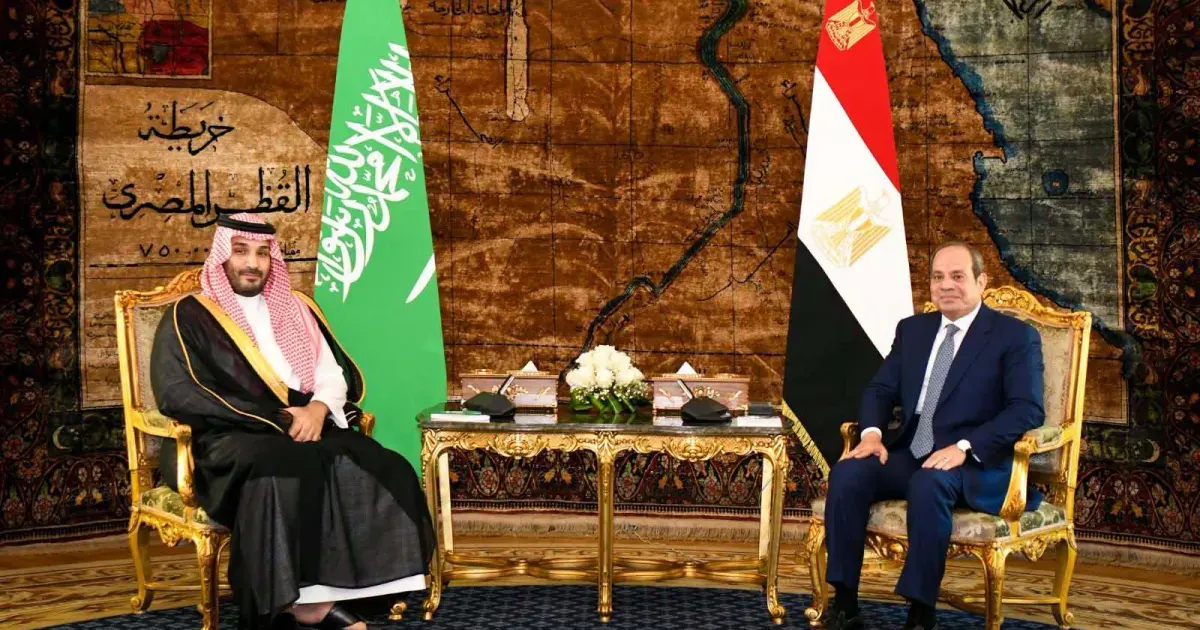 Two men seated in gilded chairs before Saudi and Egyptian flags, in a formal meeting.