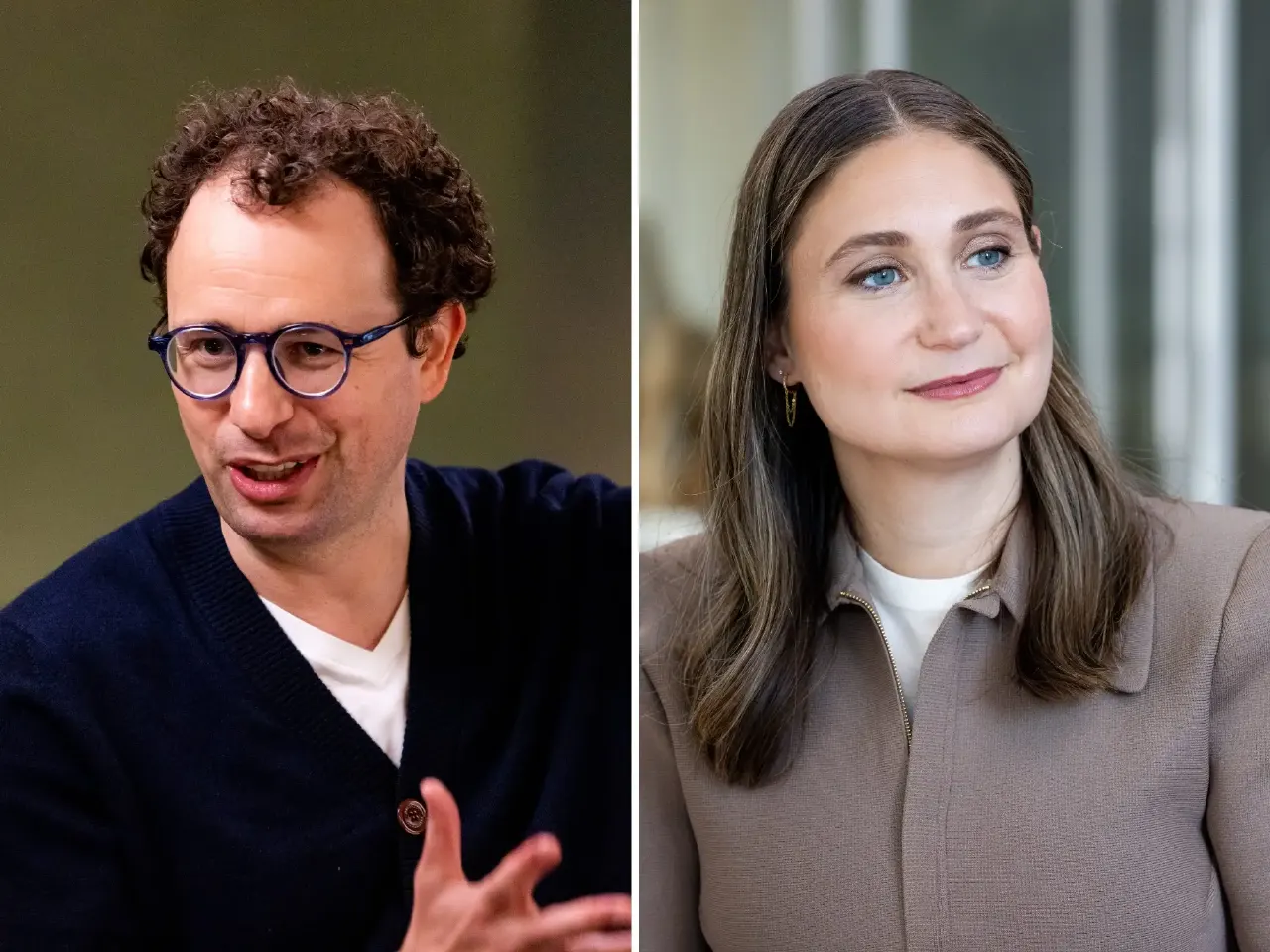 Split-screen of two people in conversation: a man in glasses gesturing, a woman smiling in a jacket.