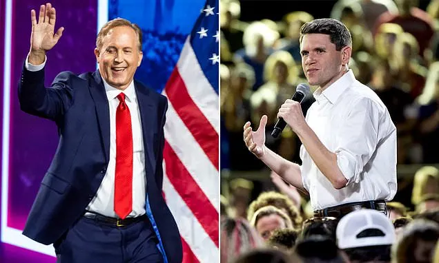 Split image: man in navy suit waving beside flag, man in white shirt speaking into microphone before crowd.