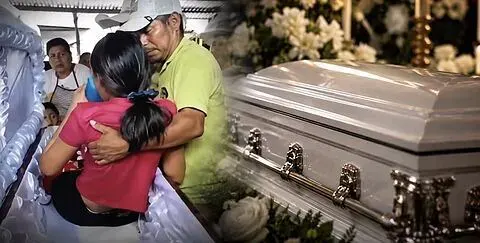 Split image: grieving family embracing beside an open white coffin, and a closed silver casket with flowers.