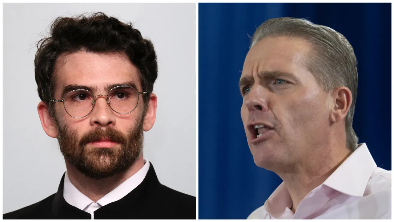 Split image: bearded man with round glasses on left, grey-haired man speaking on right