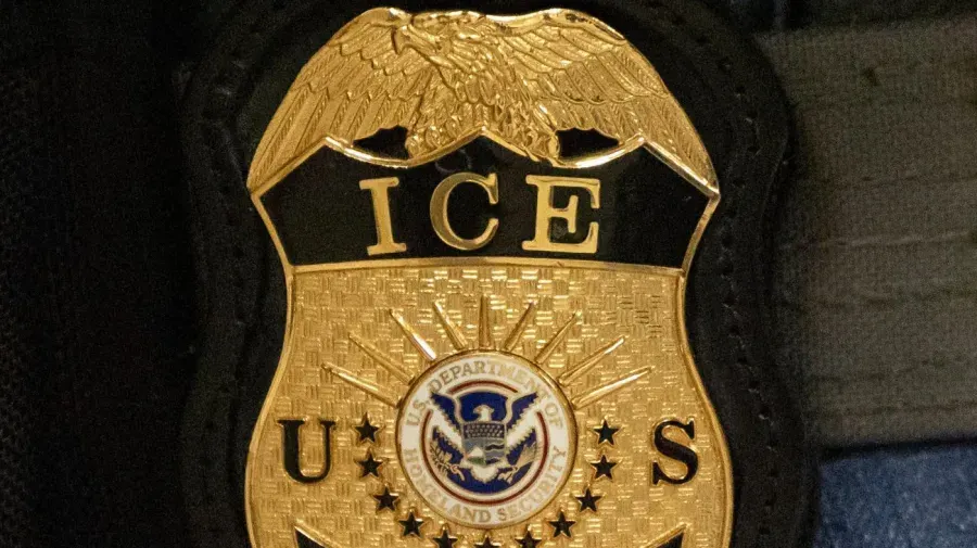 Close-up of a gold ICE and U.S. Department of Homeland Security badge on dark fabric.