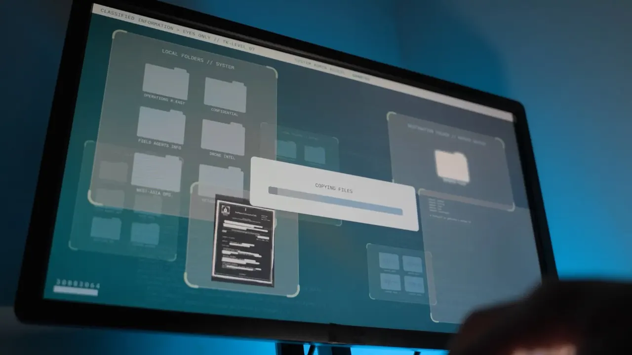Stylized computer screen showing file folders and a copying files progress dialog, suggesting data theft.