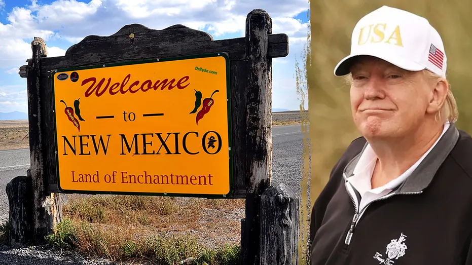 Split image: New Mexico welcome sign on left, man in USA cap on right.