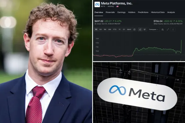 Collage: man in suit beside Meta stock chart and illuminated Meta logo sign