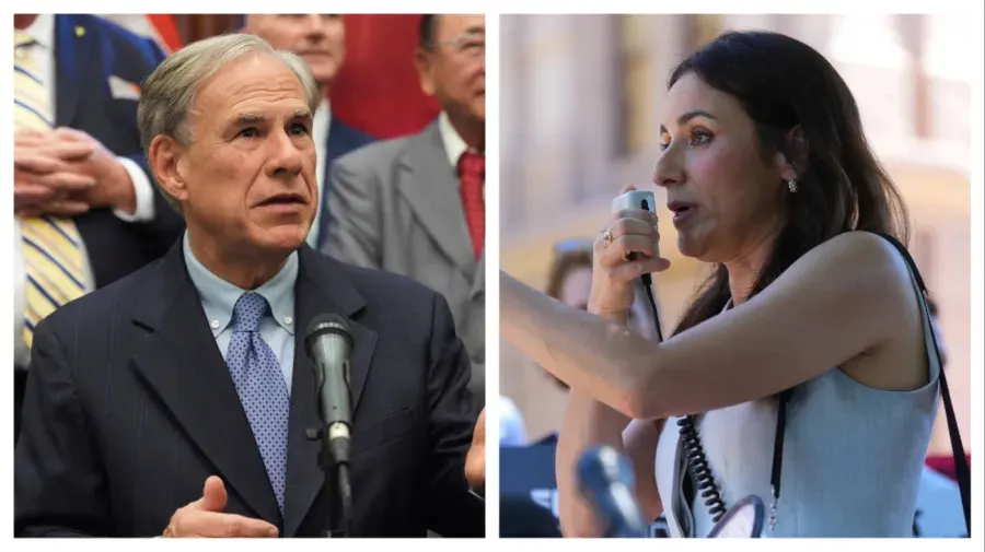 Split image: older man speaking at podium in suit; woman speaking into microphone outdoors.