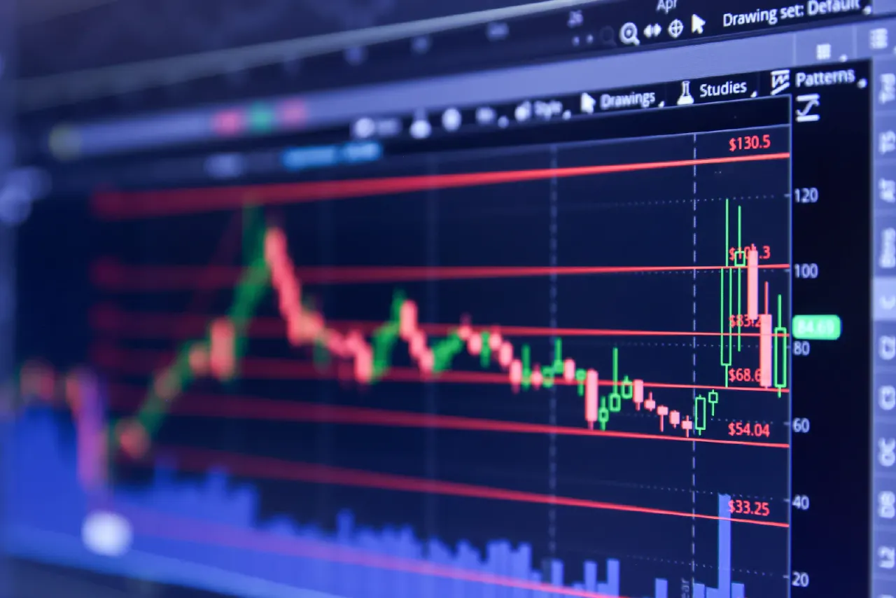 Blurred trading chart with red and green candlesticks and price levels on a screen.