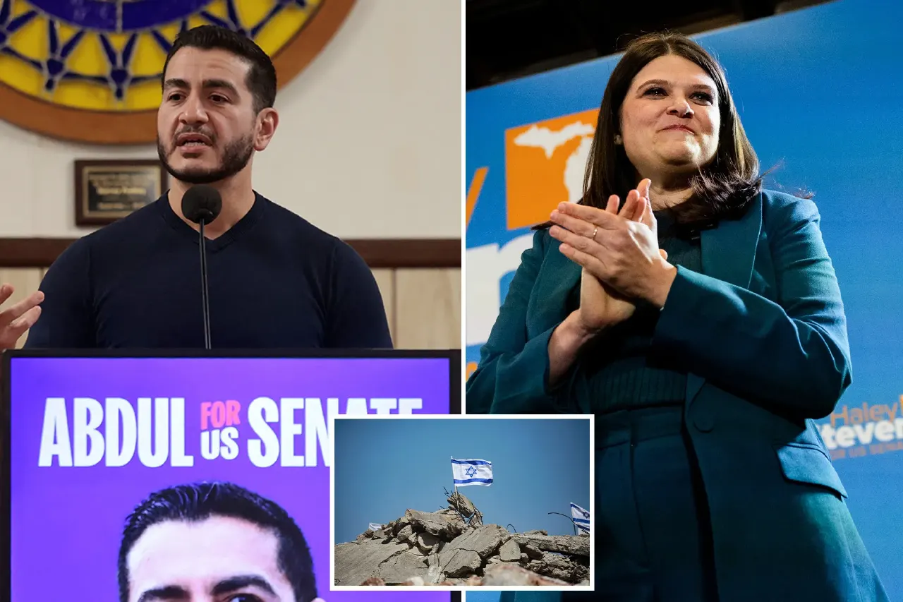 Split image: man speaking at podium beside campaign sign, woman clapping, and Israeli flag inset.