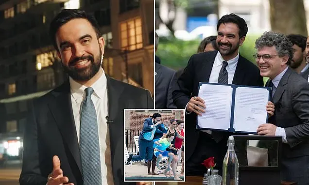 Composite: smiling man at night, two men holding signed document, small inset of people at pool