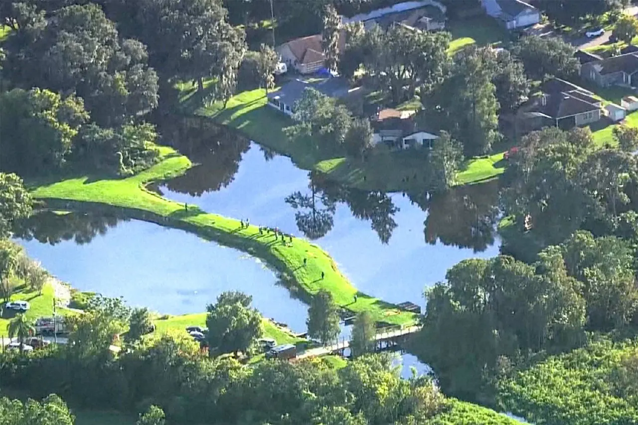 Aerial view of a lake and grassy shoreline with small figures and parked vehicles, residential homes nearby.