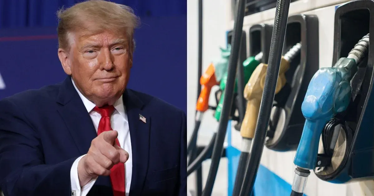 Split image: a man in a navy suit pointing, beside a row of gas station fuel pumps.