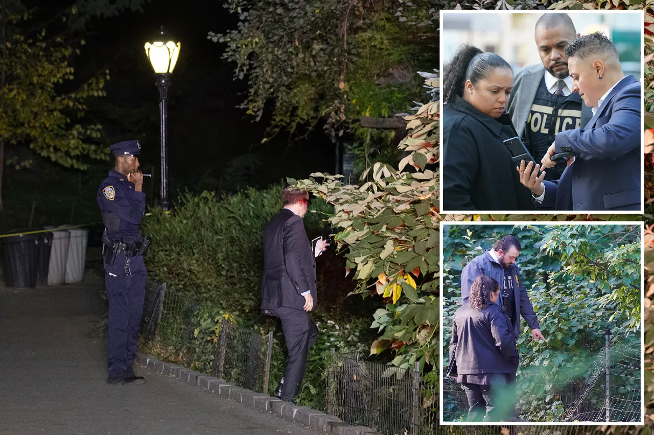 Police officers at night on a Central Park path; inset photos show investigators with police insignia