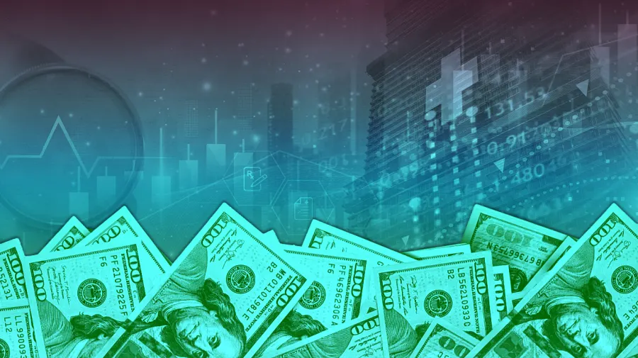 Teal-tinted US hundred-dollar bills over stock market charts and skyscraper graphics