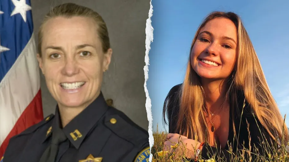 Split image: uniformed woman smiling before flag beside smiling young woman in a field.