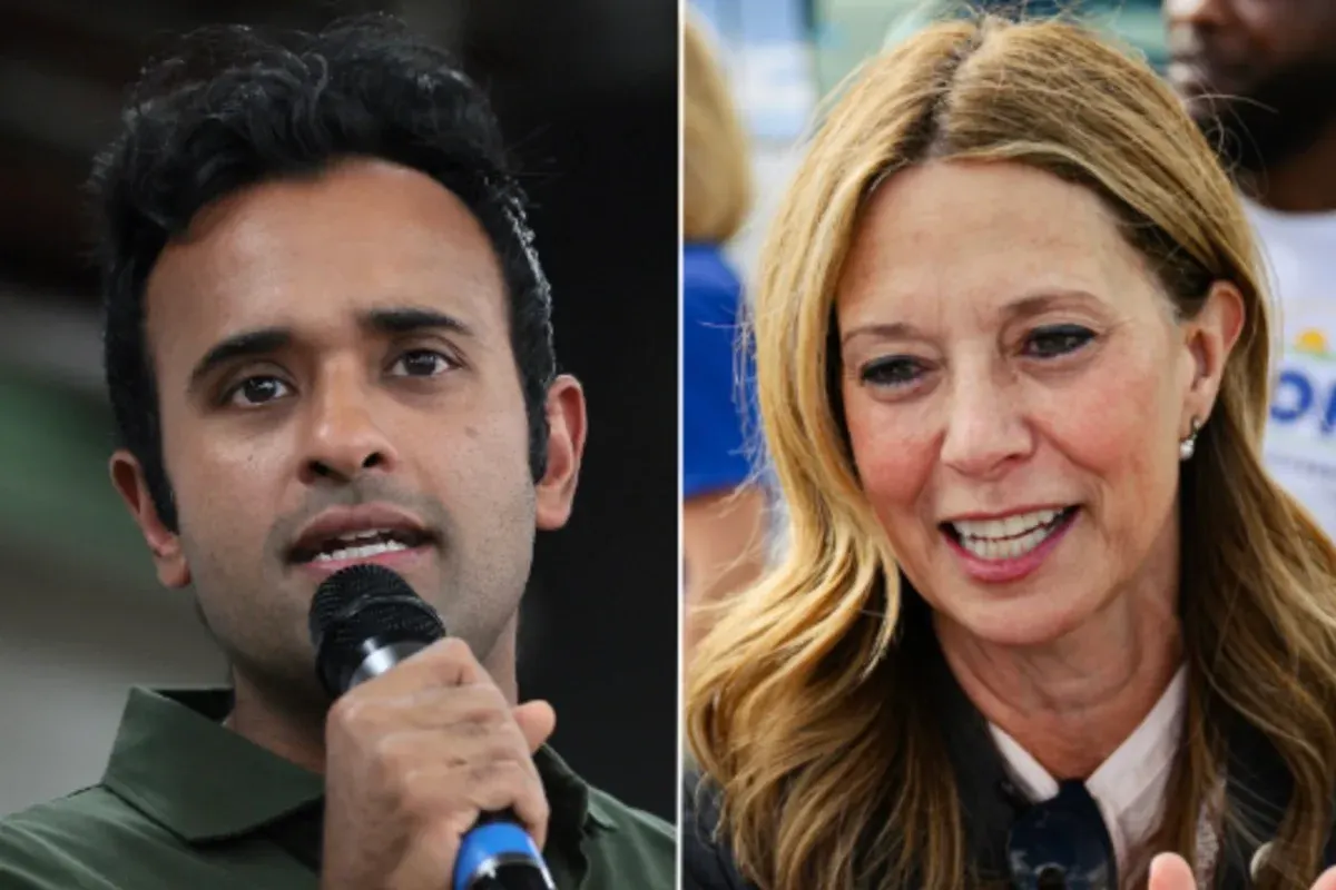 Split image: a man speaking into a microphone beside a smiling woman outdoors.