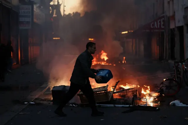 Man carrying a blue bin past burning debris and fire on a smoke-filled city street